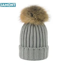 JAMONT, модные зимние шапки из натурального меха енота для девушек, шапка с меховым помпоном 15 см, шапка из натурального меха для женщин W220