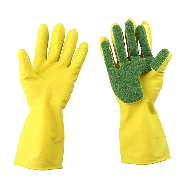 

1 Pair Reusable Household Cleaning Glove Kitchen Dish Washing Gloves Fingers With Scouring Pad Sponge Dishwashing Rubber Gloves