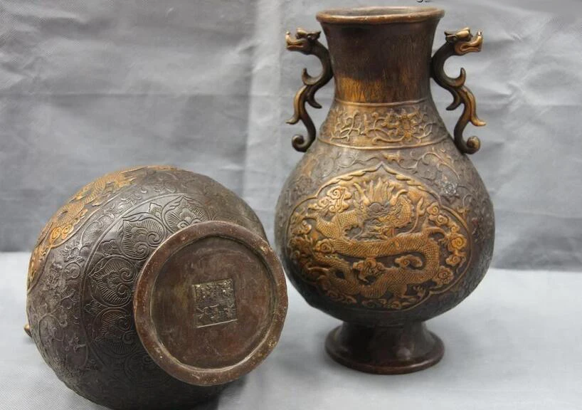 

Chinese Royal Palace Copper Bronze FengShui Dragon Aquarius Bottle Pot Vase Pair