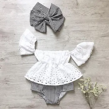 

Flying sleeve Off Shoulder Lace Tops and Stripe Shorts with Headband set for Baby Girl Clothes
