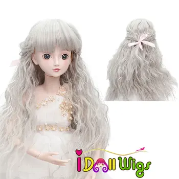 

Heat Resistant Fiber Synthetic Long Smoky Silver Grey Fluffy Body Wavy BJD Doll Wigs with Full Bangs 1/3 1/4 1/6 for choice