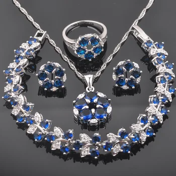 

New Newst Blue Zircon White CZ Silver Color For Women Jewelry Sets Bracelet Necklace Pendant Earrings Ring QS0384