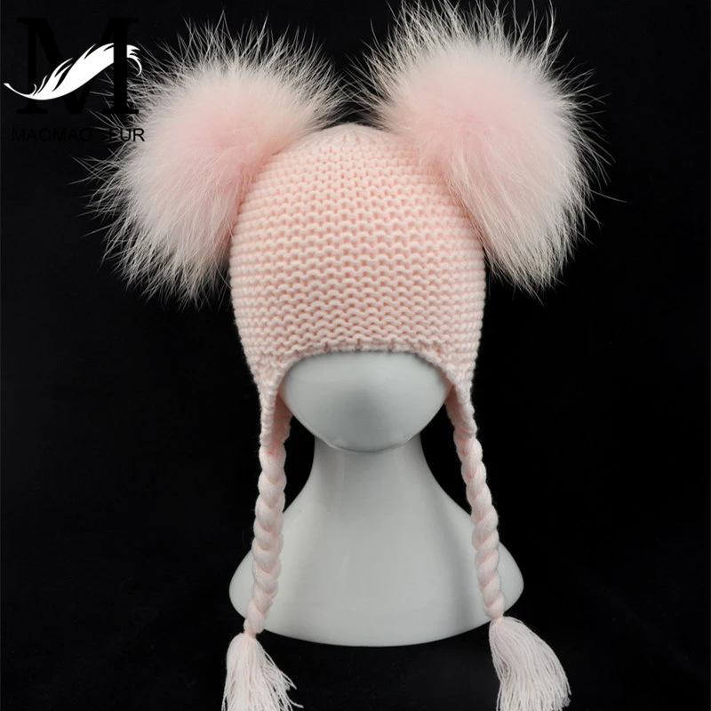 Goedkoop Kids Real Bont Pom Pom Hoed Baby Winter Gehaakte Oorklep Hoed Meisjes Jongens Gebreide Beanie Dubbele Twee Echt Bont Pompom hoed voor Kinderen