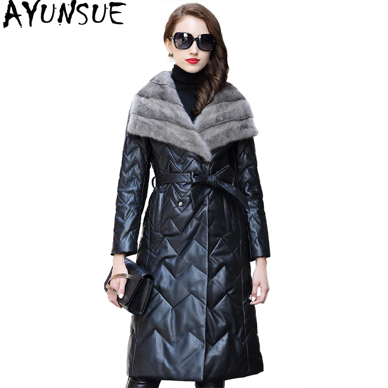 

AYUNSUE Real Sheepskin Coat Women 2019 Long Winter Genuine Leather Jacket Womens Down Jackets Natural Mink Fur Collar CJX0098B