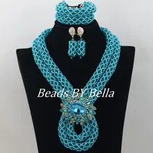 Синий камень нигерийские Свадебные африканские бусины комплект ювелирных изделий Кристалл бусы ожерелье индийские Свадебные украшения наборы ABF168