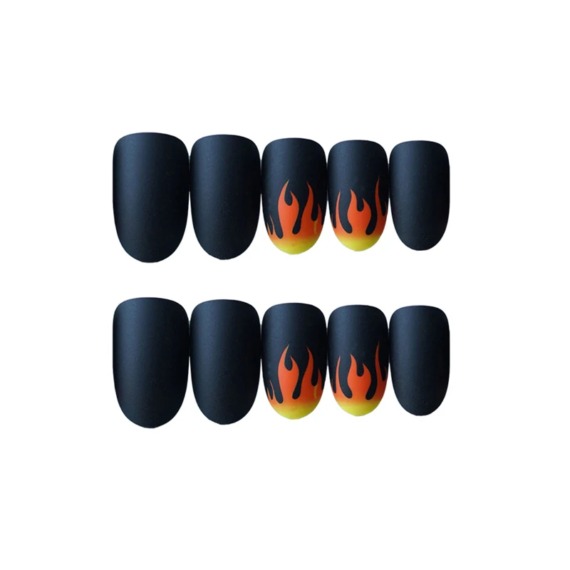 24pcs-Set-Punk-Fire-Pattern-Matte-False-Nails-Dark-Black-Pre-design-Short-Round-Head-Full(2)