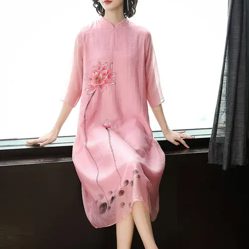 

2019 Spring Summer Chinese Wind Improve Cheongsam Printed Women Dress New Style Stand Collar Female Elegant Temperament Dresses