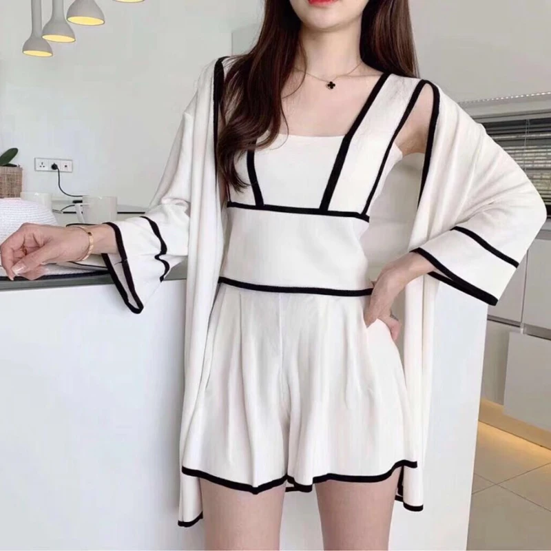 

Summer Knit 3 Piese Sets Women White Knitting Vest Tnak Tops + Long Sleeve Cardigan + Elastic Waist Shorts Pants Suits