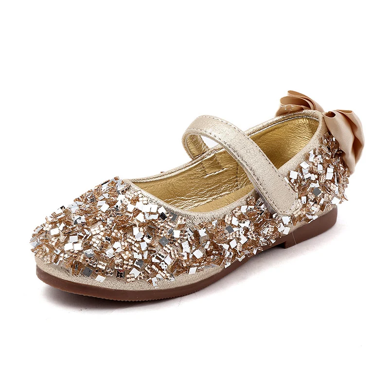 Детские золотые серебряные стразы с цветком для маленьких девочек; блестящие модельные туфли принцессы для девочек-подростков; школьная обувь для свадебной вечеринки; Новинка