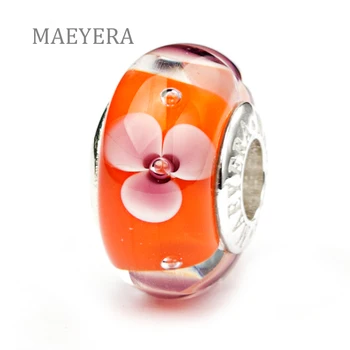 

MAEYERA Authentic 925 Sterling SilverLampwork Orange Simple Pink Flowers Murano Glass Beads Fit European Charm Bracelet 920182