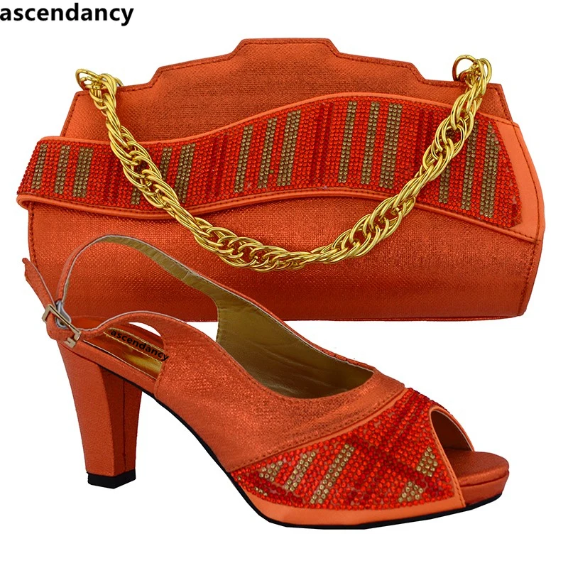 

African Italian Shoe and Bag Set Orange Color Italian Ladies Shoe and Bag Set Decorated with Rhinestone Laides Matching Shoe Bag