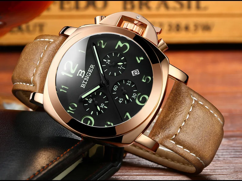 New BINGER Luxury Brand Quartz Watches Men analog chronograph Clock Men Sports Military Leather Strap Fashion Wrist Watch