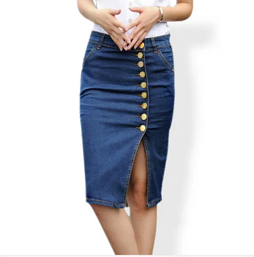 

plus size 2018 new arrival denim skirts womens pencil jeans front button skirt for women jupe patineuse S-6XL free shipping