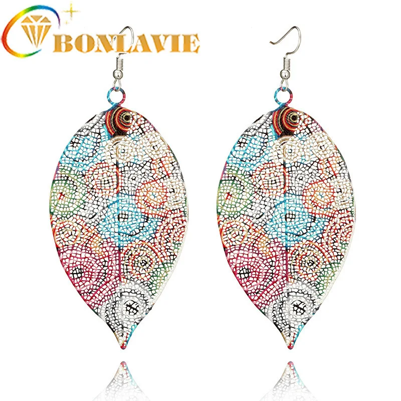 

New Ear Jewelry Wholesale Hollowed Out Colorful Big Leaves Pendant Earrings Retro National Style Earrings Women Jewelry