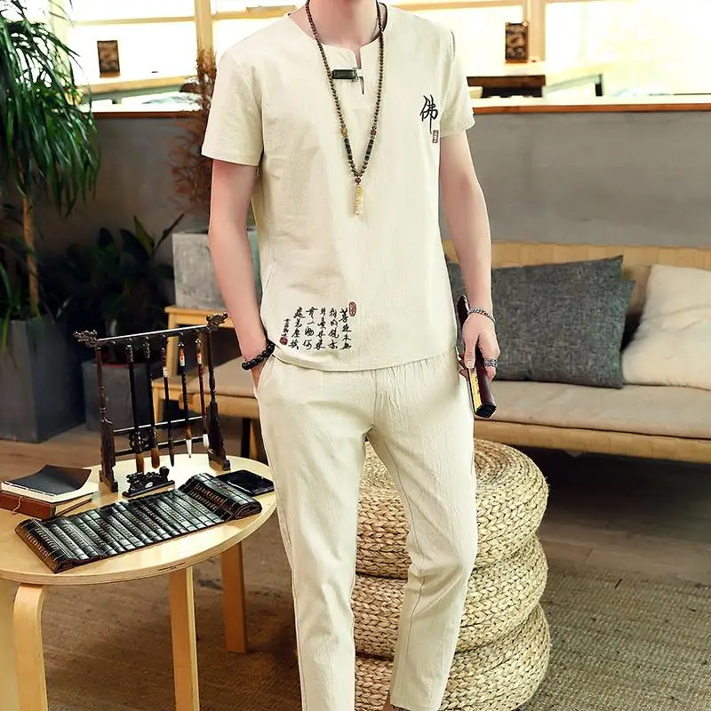 

LOLDEAL Summer Chinese Embroidered Cotton Short Sleeve T-Shirt Set Loose Men's Embroidery Casual Set