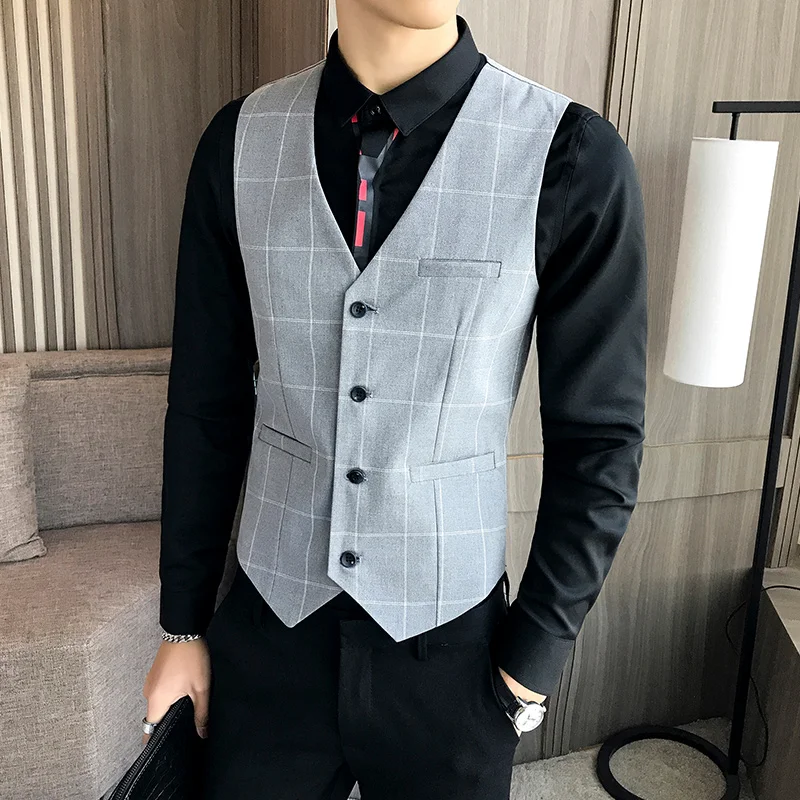 Men'S Fashion Trend Short V-Neck Single-Breasted Slim Suit Vest Party Casual Wedding High-Quality Plaid Vest Men'S Fashion Trend Short V-Neck Single-Breasted Slim Suit Vest Party Casual Wedding High-Quality Plaid Vest