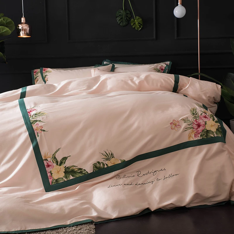 - Pink white luxury bedding set queen king size duvet cover bedsheet set egyptian cotton embroidery beddingsets pillowcase