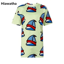 Летняя Свободная Женская футболка Hiawatha с коротким рукавом и принтом в виде шляпы в стиле Харадзюку, повседневные длинные футболки с круглым вырезом T4403