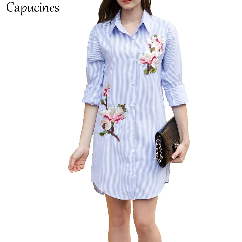 

Capucines Fashion Appliques Striped Shirt Dresses Woman Spring Autumn Long Sleeve Turn-down Collar Casual Straight Dress