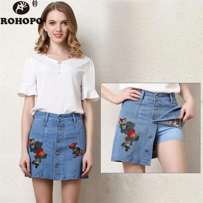

Embroidery Floral Fake 2 Pieces Wide Leg Pants Shorts Jeans 2019 Highwaist Summer Chic Female Short Jeans New Design Girl Shorts