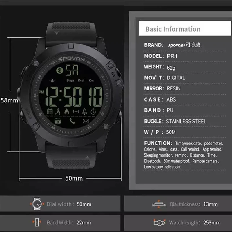 Мужские спортивные цифровые часы SPOVAN, водонепроницаемые, барометр, шагомер, калории, секундомер, мужские часы, Reloj Hombre