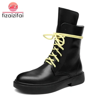 

Coolcept Genuine Leather Women Boots Lace Up Winter Shoes Women Platform Round Toe Mid Calf Boots Short Shoes Size 34-41