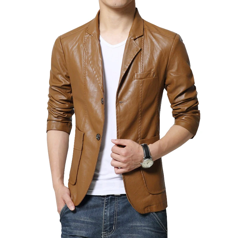 Faux Leather Blazers Men Fashion Khaki Slim Fit Coats Solid Color PU