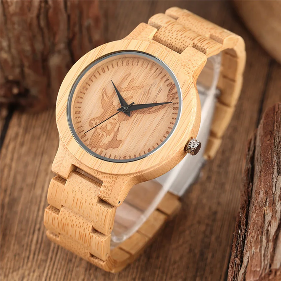 Creative Deer Head Full Wooden Watch Fashion Bamboo Men Handmade Analog Nature Wood Fold Clasp Wrist Watch  (7)