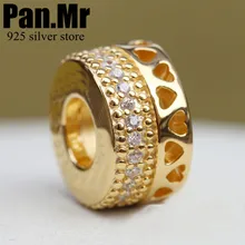 

new! Perfect engraving charm logo S925 sterling silver heart-shaped CZ gold color charm beads ladies jewelry DIY