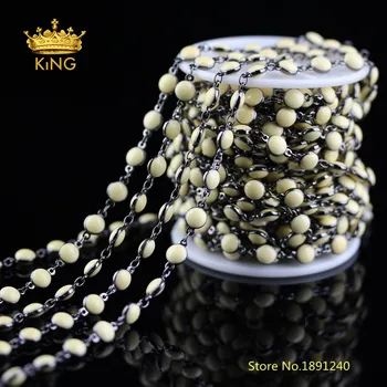 

5meters Coin Shaped Enamel Beaded Chains Findings,Black Gunmetal Plating Copper Beige Lampwork Glass Rosary Chains Jewelry ZJ228