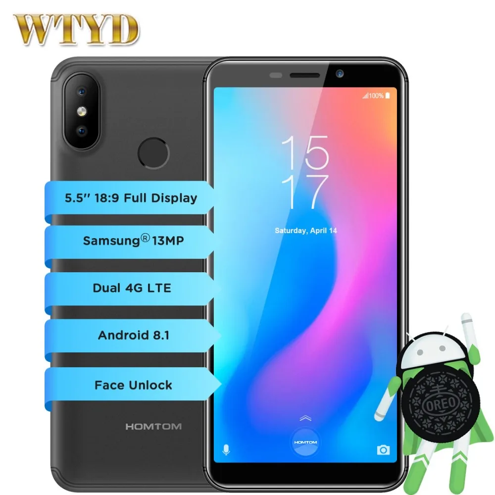 

HOMTOM C2 Android 8.1 2GB RAM 16GB ROM 4G Mobile Phones Quad Core Smartphone Face ID Dual Back Cameras 5.5" Cell Phone