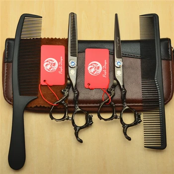 

4Pcs Suit 6.0'' Black JP 440C Professional Human Hair Hairdressing Shears Combs + Cutting +Thinning Scissors Dragon Handle Z9003