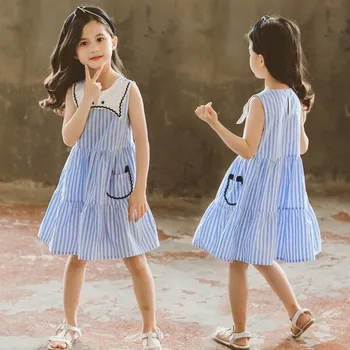 

2020 New Summer Kids Blue White Striped Dress For Girls Fashion New Sleeveless Cute Baby Striped Dress For Girls Youth Clothing