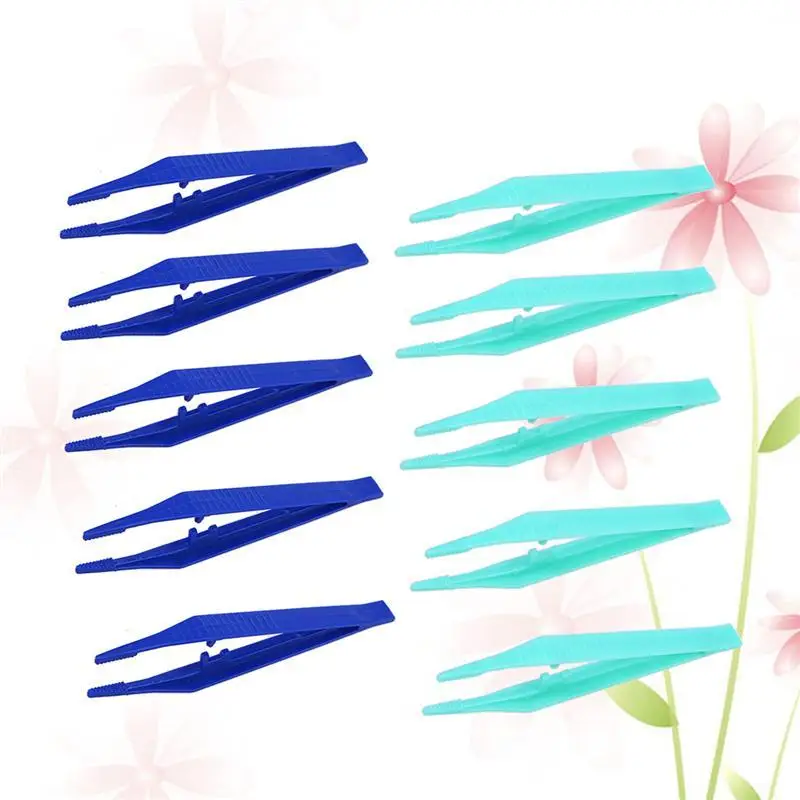 WINOMO 10pcs Plastic Pointy Professional Mini Bulk Blue Forceps Tapered First Aid Mini Bead Tweezers For Eyebrows For Crafts