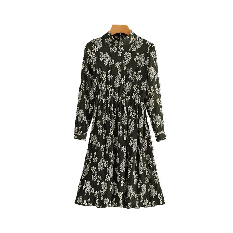 

Women Floral Print Chiffon Dress Elastic Waist Pleated Dress Round Collar Wrist Sleeve Casual Dresses Vestido Robe Femme