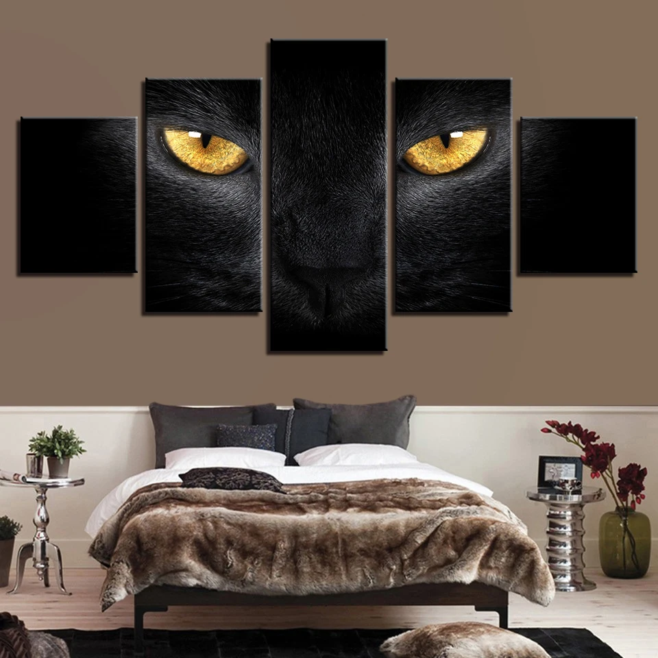 Modern Canvas Painting Wall Art Pictures 5 Pieces Animal Black Cat Yellow Eyes Decor Living Room Modular Hd Printed Poster Frame Poster Frame Art Picturescanvas Painting Aliexpress