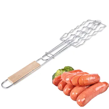 

BBQ Sausage Wire Mesh Shelf Wooden Handle Stainless Steel Non-stick Tool Collapsible Picnic Meshes Roast Meat BAR-B-Q Tool 1pcs