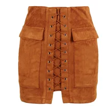 Модная одежда, осенняя Женская замшевая Юбка со шнуровкой, винтажная короткая юбка с карманом, 90 см, зимняя повседневная юбка с высокой талией