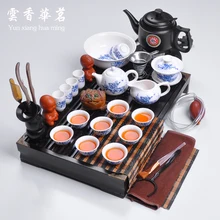 Синий и белый фарфор кунг-фу чайный сервиз керамический чайник чая деревянный поднос чайный набор Таблица