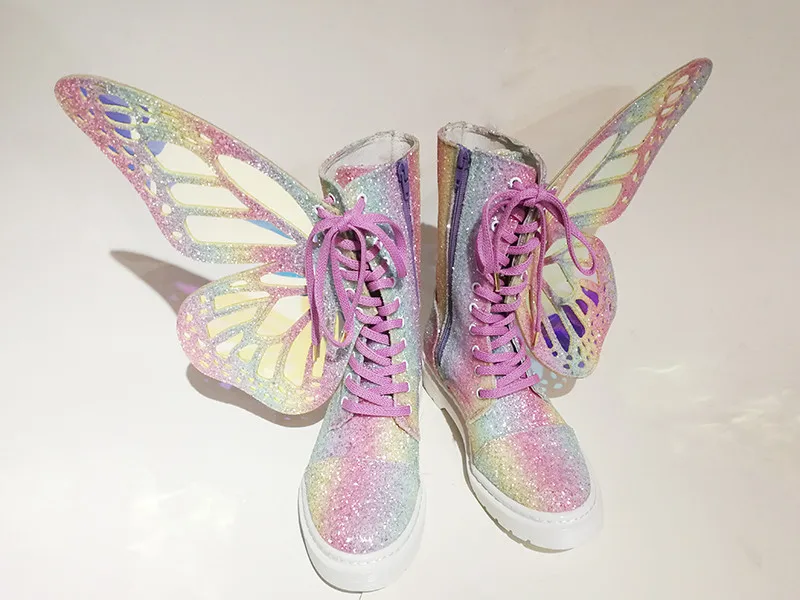 Подиумные ботинки на платформе с бантиком разноцветная обувь с перекрещивающимися ремешками и украшением в виде крыльев бабочки женские высокие ботинки с Т-образными украшениями - Цвет: Bling Pink no fur