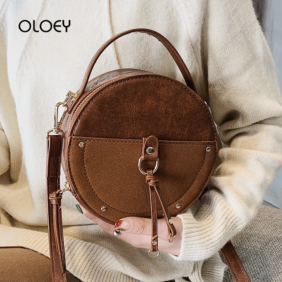 

Vintage Scrub Leather Round Designer Crossbody Bag For Women 2019 Patchwork Shoulder Bags Ladies Small Handbags Torebka Damska