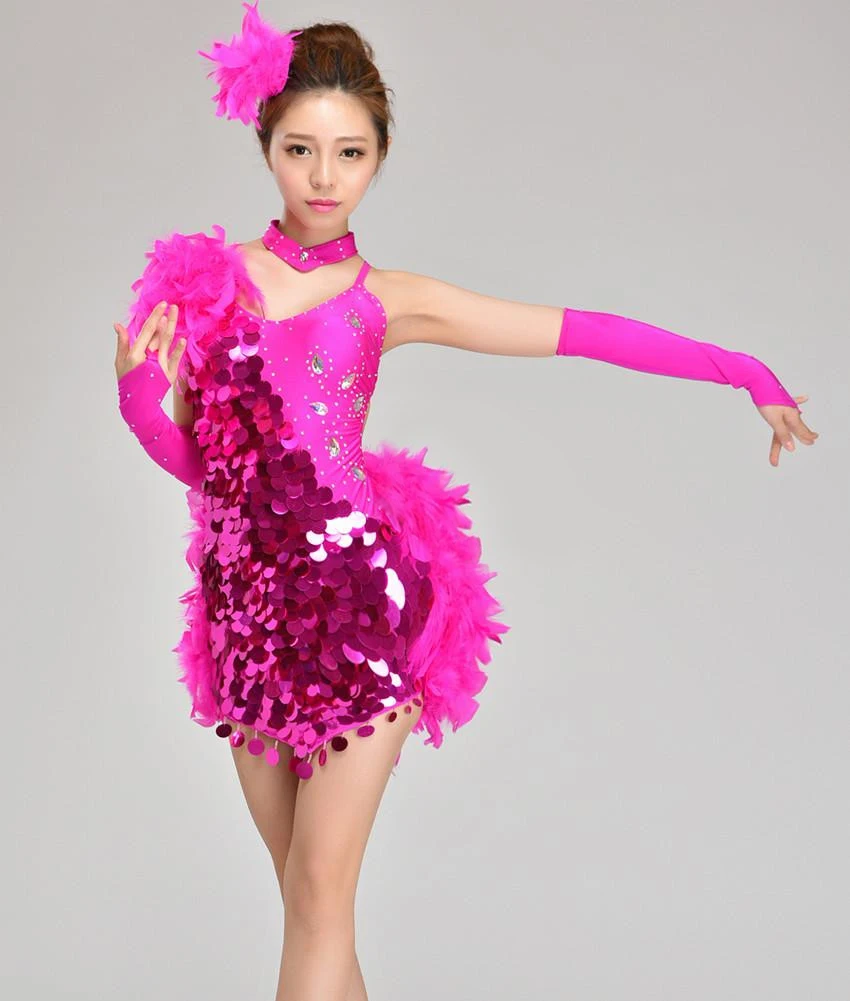 Девушка латинский танец платья для блесток/перо стиль ча-ча/Румба/Samba/бальных/Танго Костюмы детский танцевальный костюм