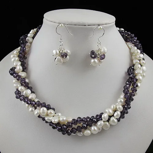 Unique Pearls jewellery Store Perfect Lady's Gift Jewelry Set Purple Crystal White Baroque Freshwater Pearl Necklace Earrings |