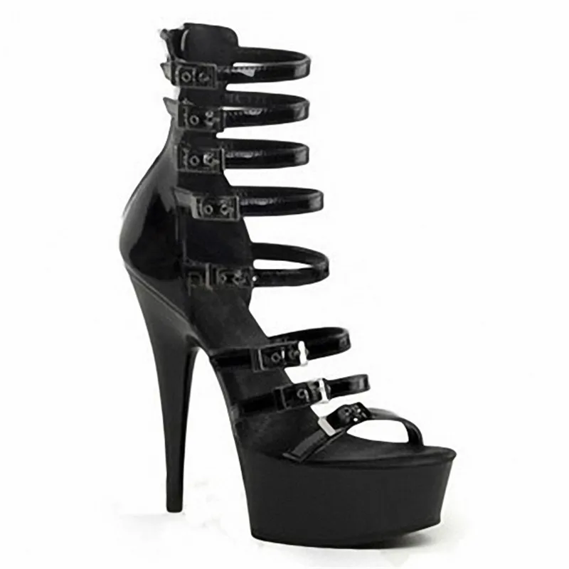 Летние босоножки на высоком каблуке черного цвета на пуговицах, 15 см полюс сандалии для танцев 6-дюймовый танцевальная обувь для холодного сезона - Цвет: Черный