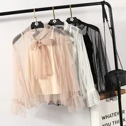 2019 весна-лето женская модная кружевная блузка универсальная Прозрачная с длинным рукавом 2 шт. рубашки костюм топы