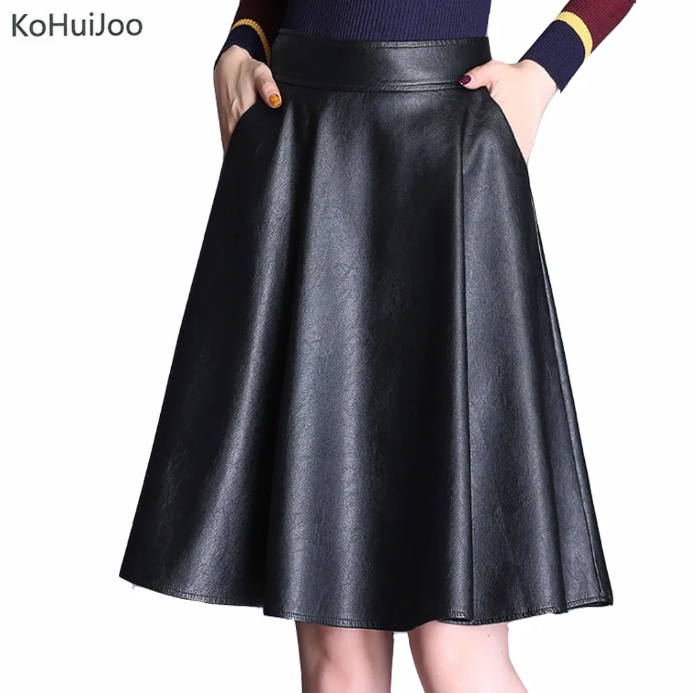 

KoHuiJoo 3xl 4xl 5xl Spring Autumn Women Pu Leather Skirt Plus Size High Waist A line Casual Faux Leather Skirts Knee Length