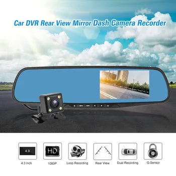 

FHD 1080P 4.3Inch Dual Lens Car DVR Rear View Mirror Dash Cam Video Camera Recorder