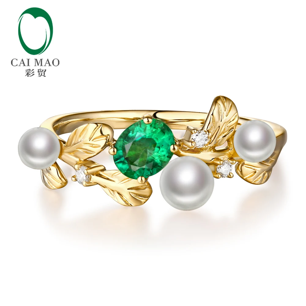 Caimao 14k Yellow Gold Natural 0.32ct Emerald with Pearl & Diamond Vintage Design Engagement Wedding Ring