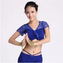 Новое поступление, Хрустальный хлопковый и кружевной топ для танца живота, кружевное с короткими рукавами, топы для танца живота, 9 цветов, сексуальные топы