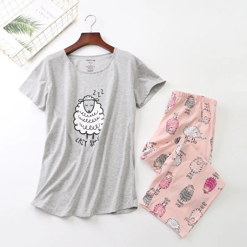 Женский пижамный комплект, летняя Милая одежда для сна с рисунком животных, милый корейский стиль, свободная тонкая женская домашняя одежда, мягкая повседневная одежда - Цвет: Sheep grey
